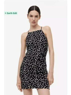 H&M Black and White Draped Polka Dot Square Neck Mini Casual Fitted Dress